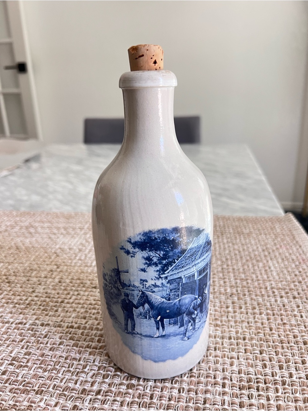 Vintage DELFT Ceramic Decorative Bottle with Blue Transferware Scene